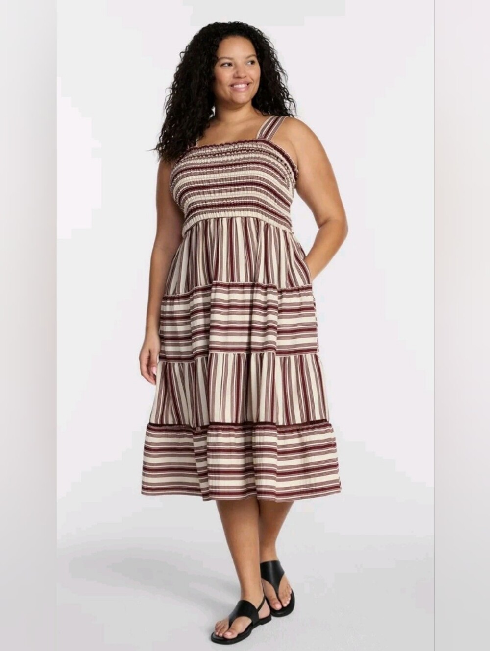 Terra & Sky Plus Size 3X Striped Smocked Tiered Midi Dress NWT Cream & Burgundy